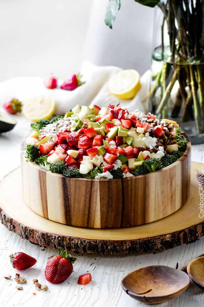 Strawberry Broccoli Salad will be one of the best salads that you make! The perfect easy potluck or side dish packed with crunchy pears, apples, sunflower seeds, sweet dried cranberries, creamy avocado, and salty feta! The textures and flavors are out of this world! 