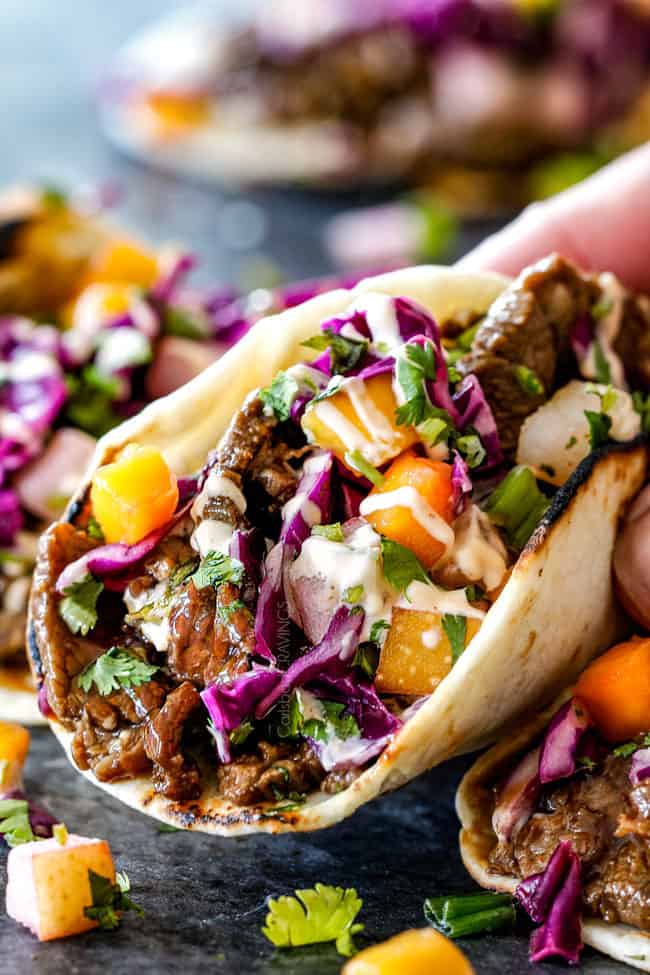 Beef Bulgogi Korean Tacos With Asian Pear Mango Slaw And Gochujang Crema