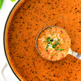 This Parmesan Tomato Basil Soup recipe is our family favorite!  Its super easy without any chopping! bursting with flavor and I love the addition of Parmesan!  