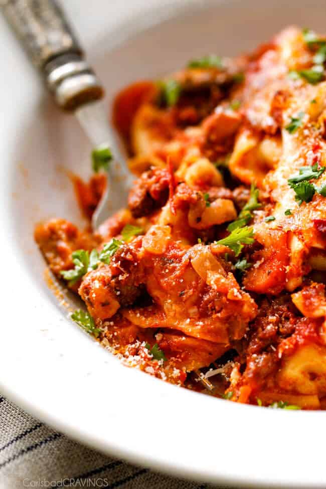 Extreme close up of Cheesy Tortellini in a bowl.