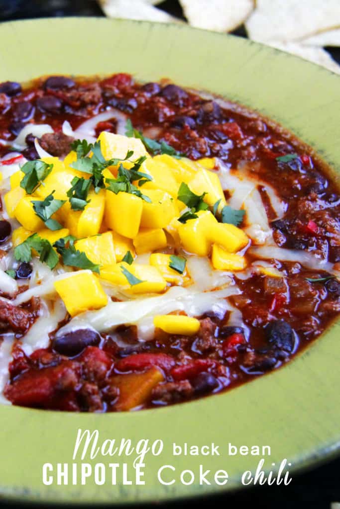 Side view of Mango Black Bean Chili in a green bowl.