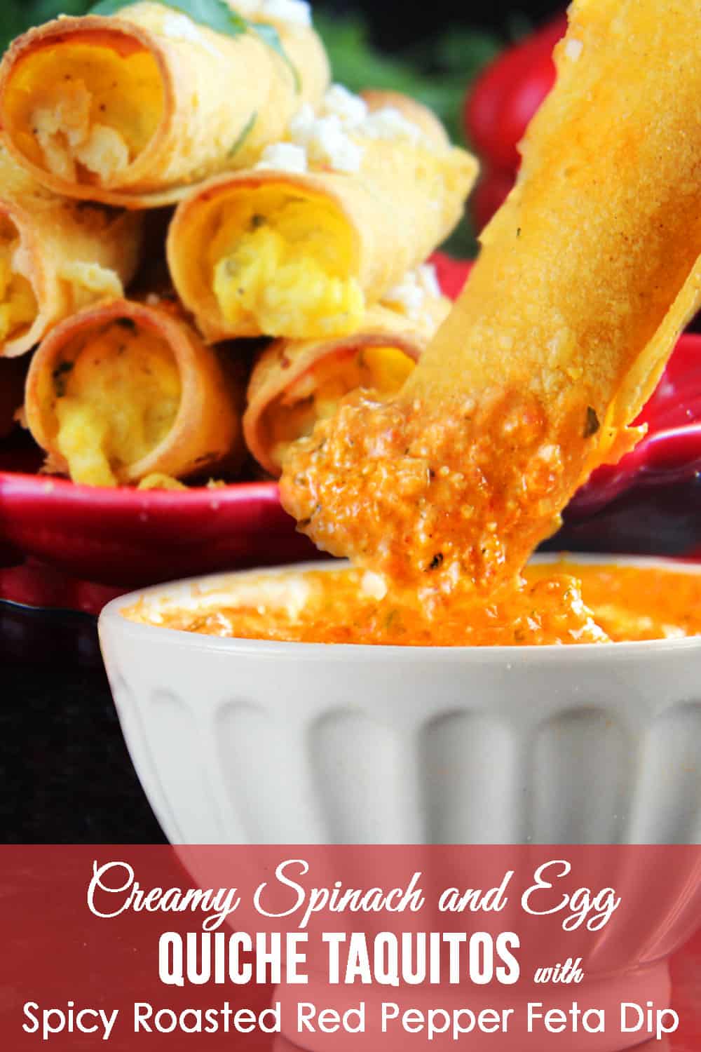 Breakfast Taquitos on a red plate with a red pepper and feta dipping sauce. 