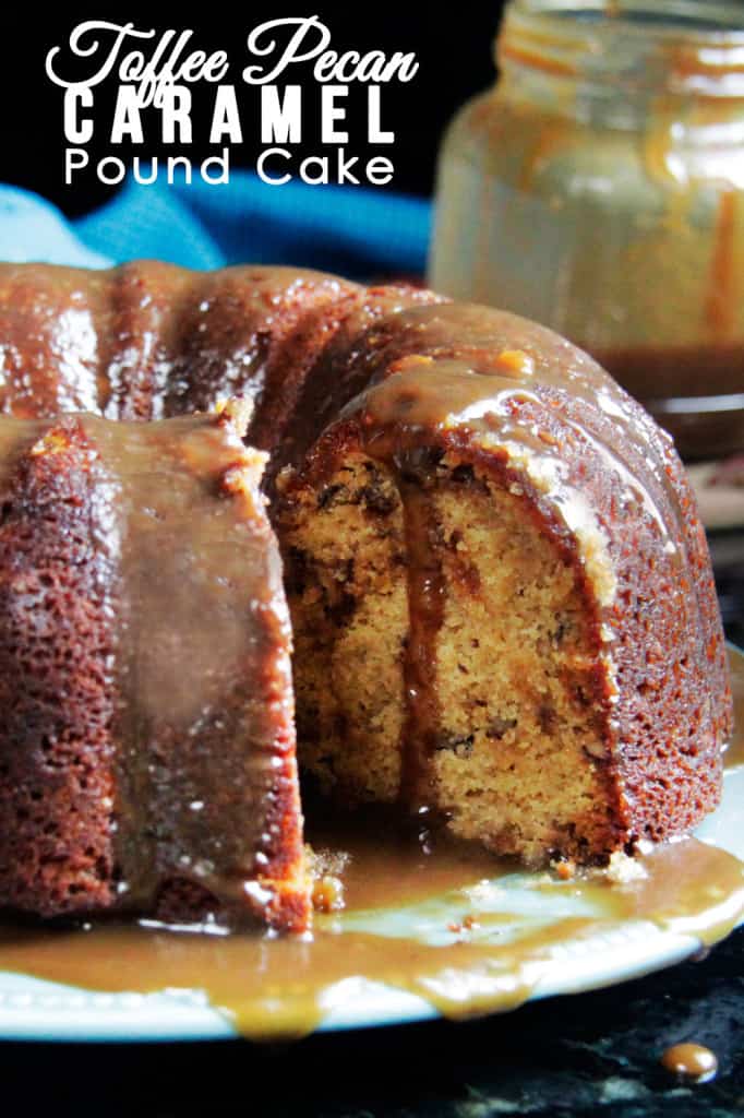 Cut out slice of Toffee Pecan Caramel Pound Cake on a white serving plate.