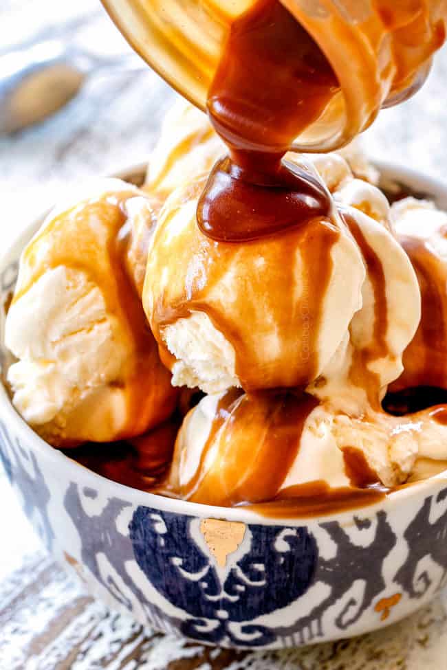 caramel sauce with ice cream in a blue bowl