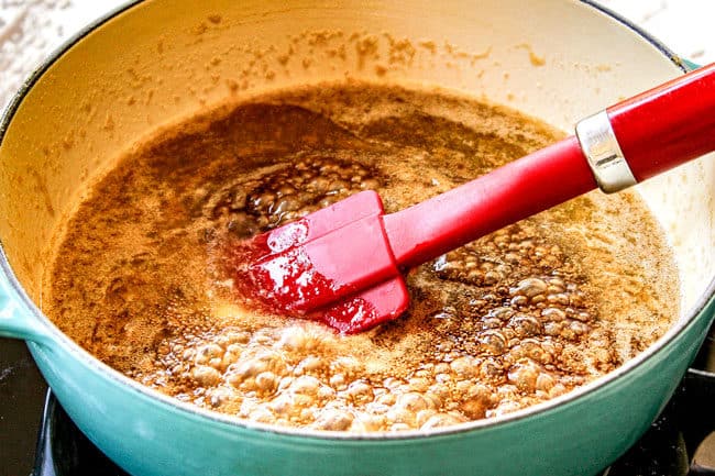 showing how to make homemade caramel sauce by melting butter with water and sugar