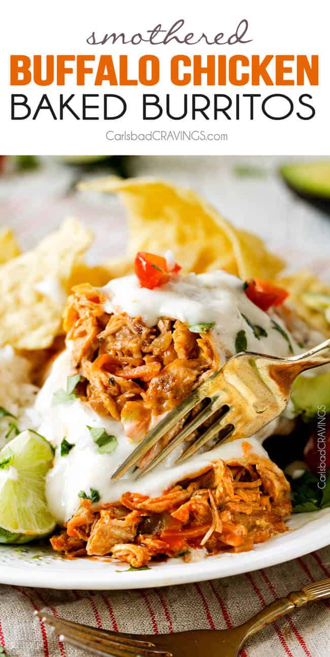 Smothered Buffalo Chicken Baked Burritos with Creamy Lime Ranch Sauce