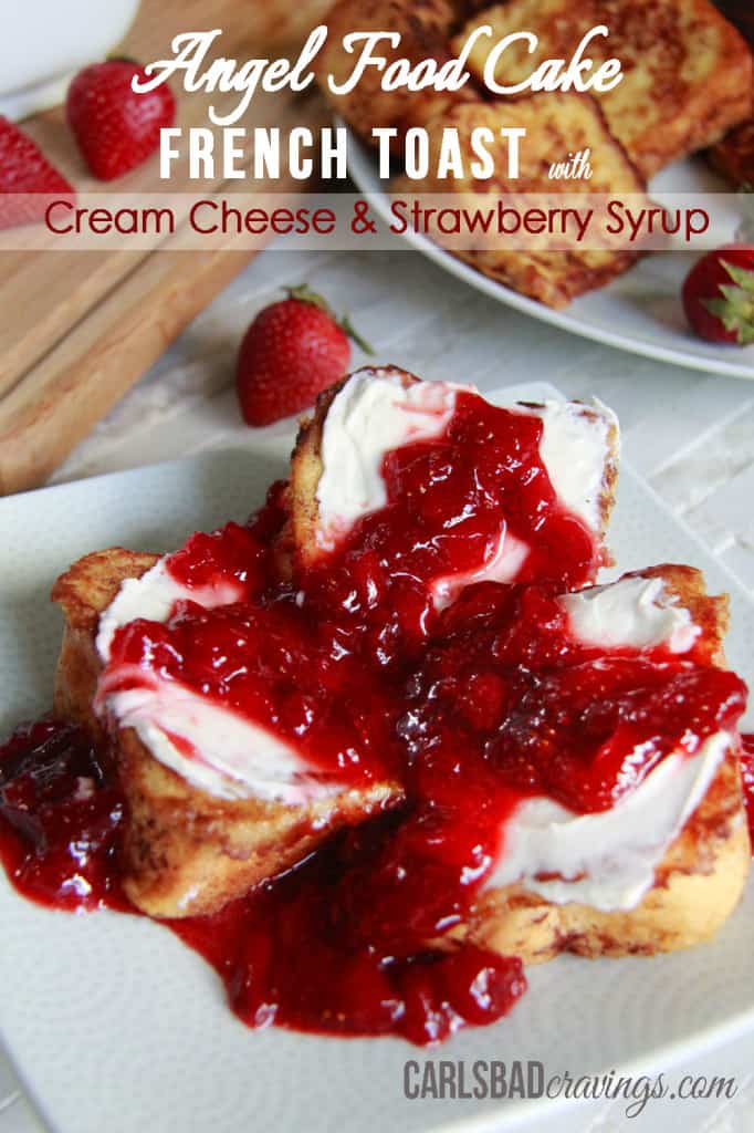 Angel Food Cake French Toast with strawberry syrup over top on a white plate.