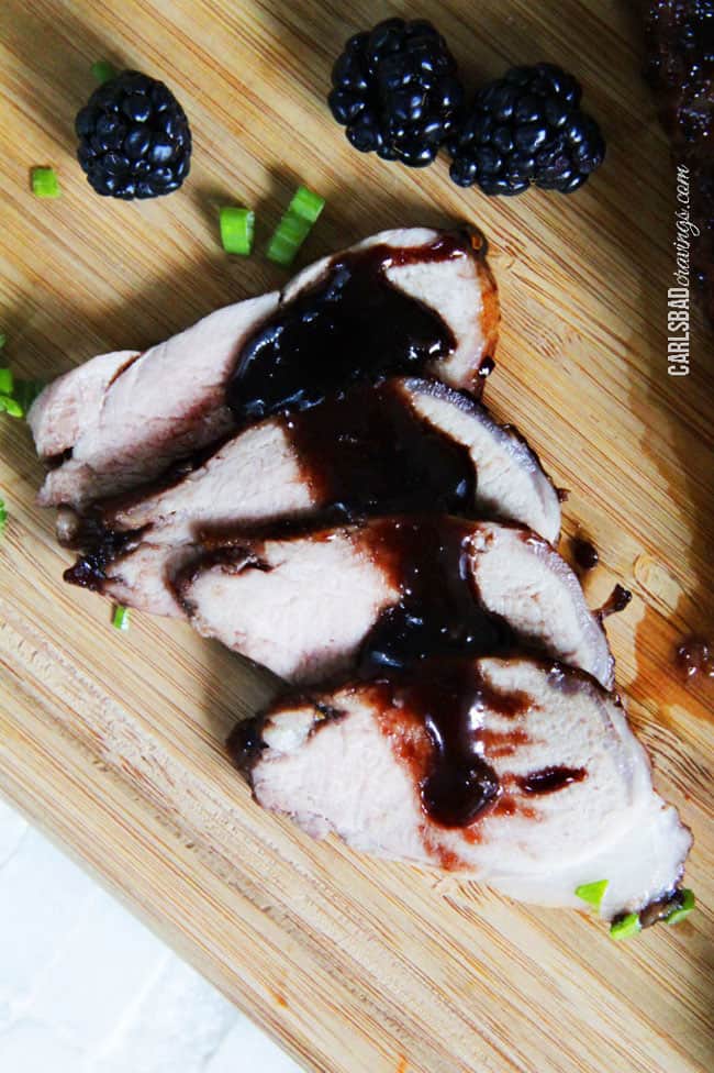 top view of thin slices o f roasted pork tenderloin 