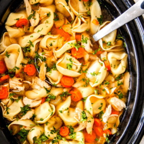 cheese tortellini, carrots, celery, onions, garlic and spices in crockpot with soup ladle for This is the BEST Slow Cooker Chicken Tortellini Soup you will ever try!  It's super easy, seasoned to perfection and a comforting, satisfying dinner any night of the week!  