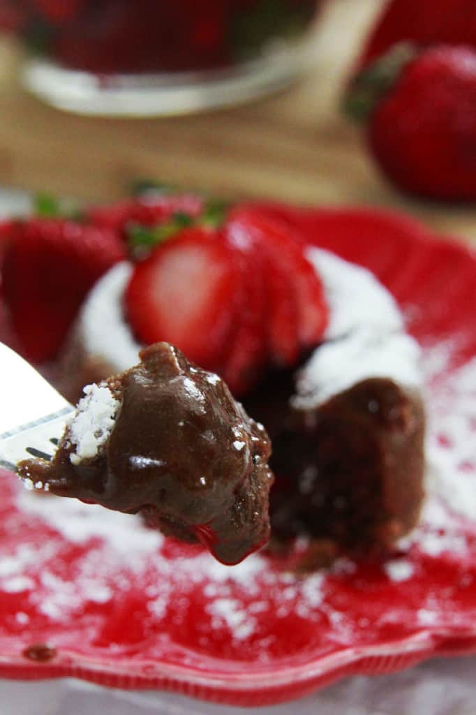 a bite of easy chocolate lava cake on a fork