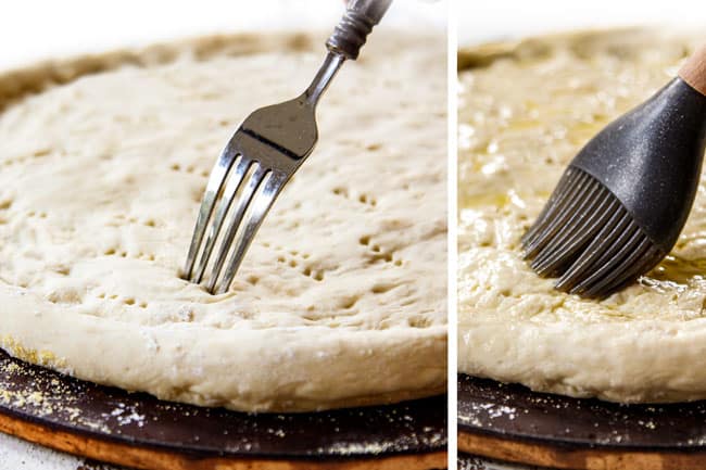 Showing how to make Homemade Pizza Dough by piercing dough with fork and lightly coating with olive oil