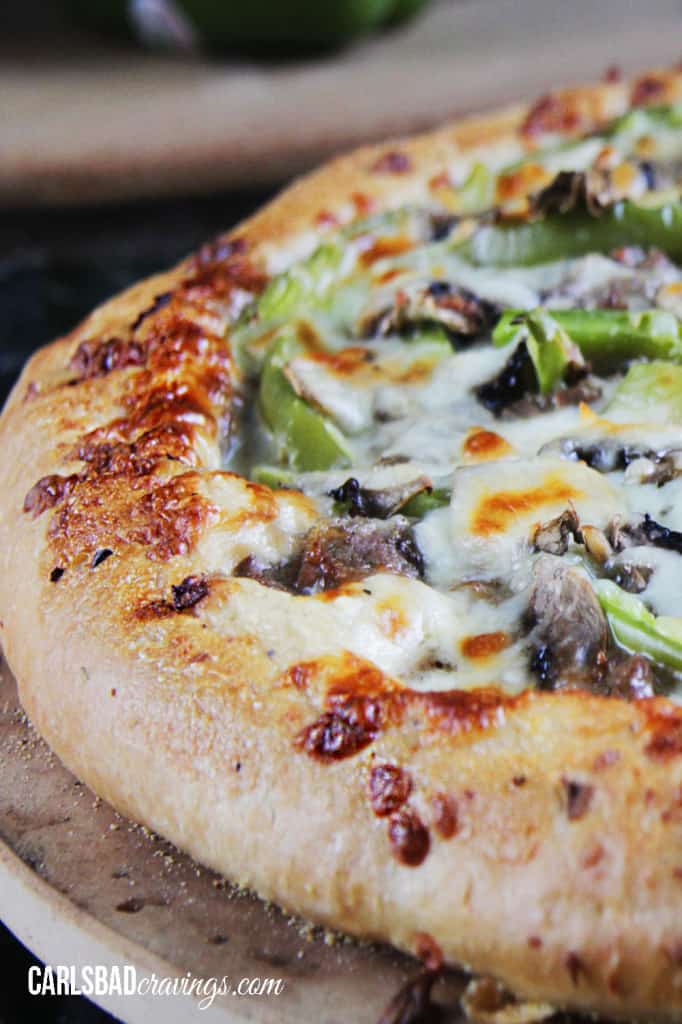 side view of easy  Philly Cheesesteak Pizza recipe