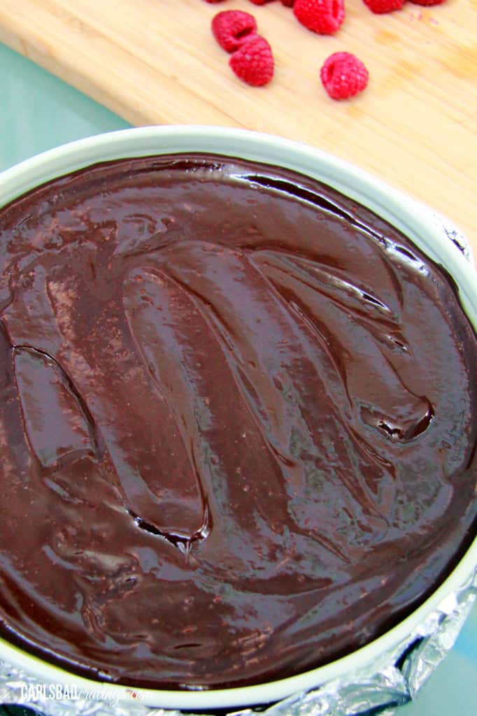 chocolate ganache cheesecake in a pan 