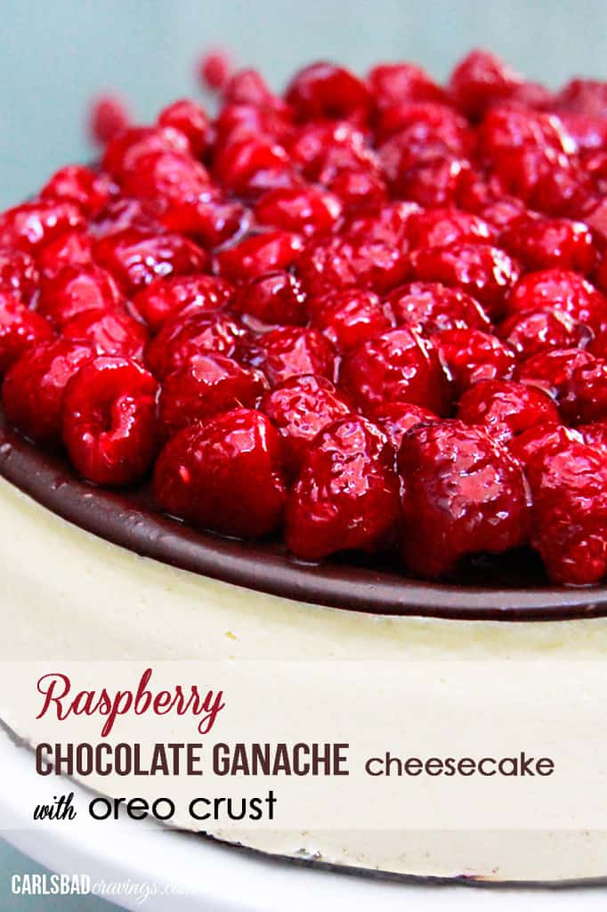 Chocolate Raspberry Cheesecake on a white pedestal with fresh raspberries on top