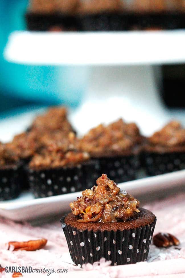 a plate of moist German Chocolate Cupcakes