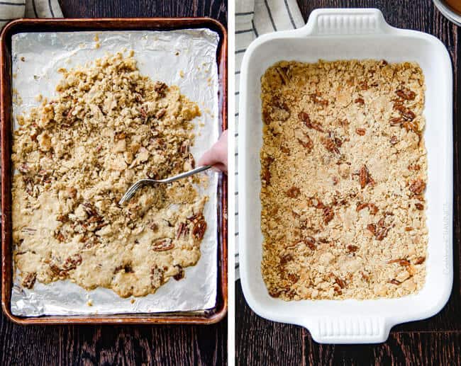 showing how to make ice cream cake by crumbling cookie dough in the bottom of a 9x13 pan