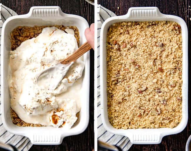 showing how to make ice cream cake by topping ice cream with cookie crumble