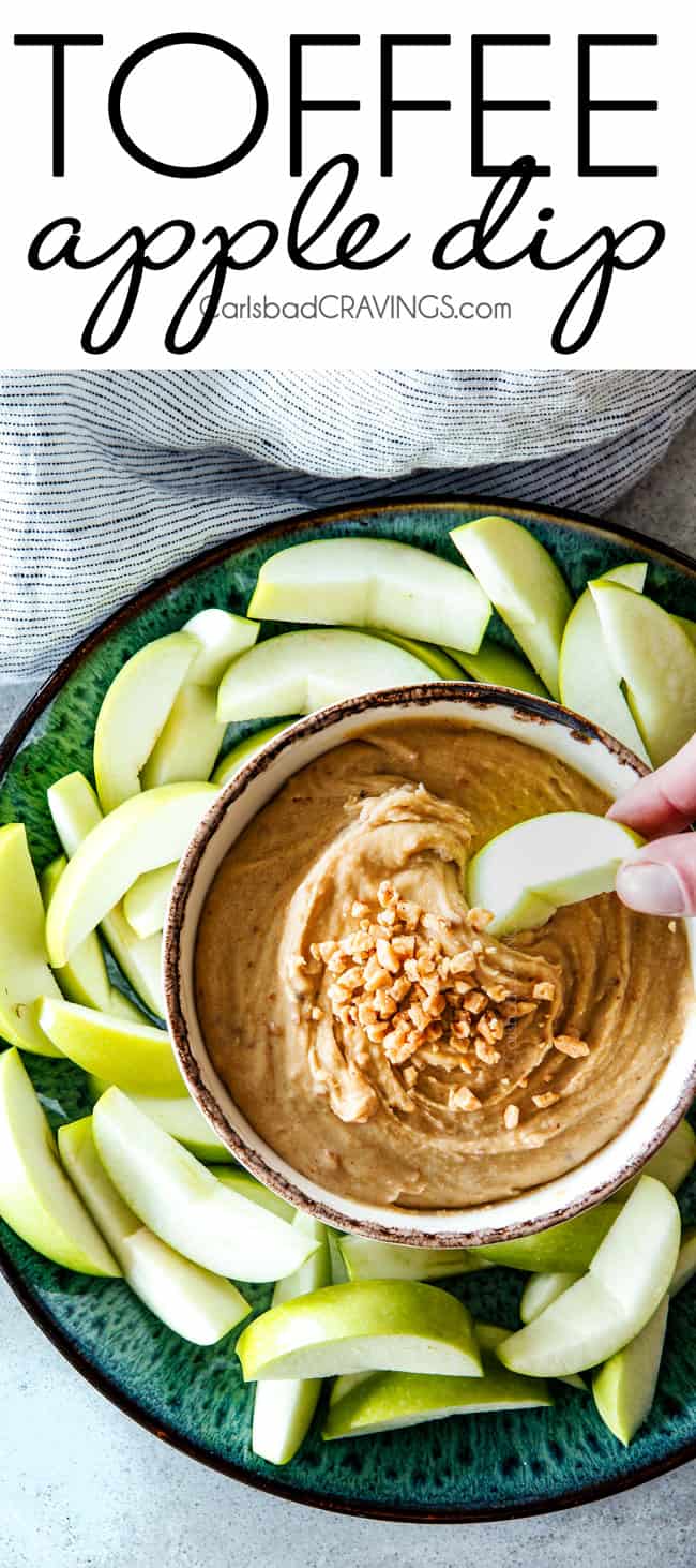 top view of cream cheese apple dip surrounded by apples on a green plate