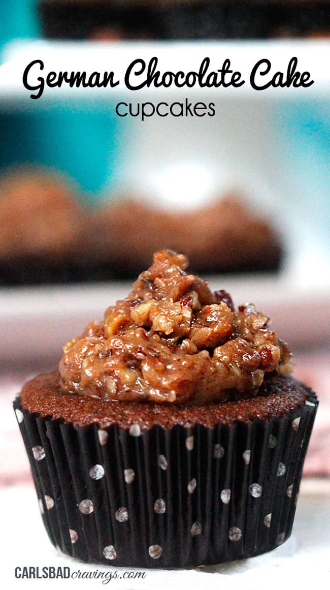 German Chocolate Cake Cupcakes in a polka dotted cupcake liner.