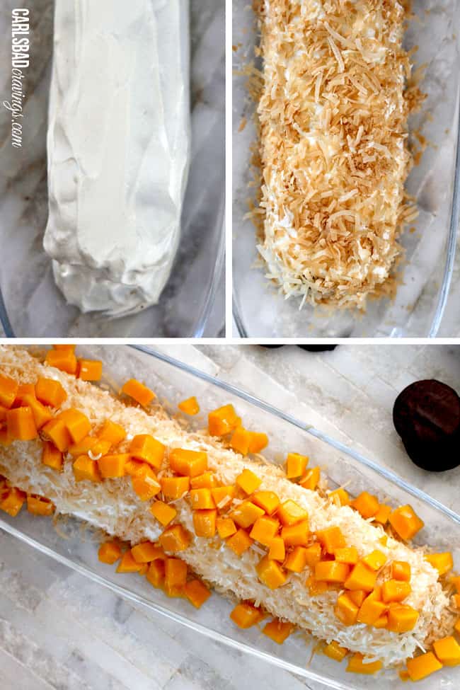 a collage showing how to make icebox cake by covering with heavy cream, toasted coconut and mangos