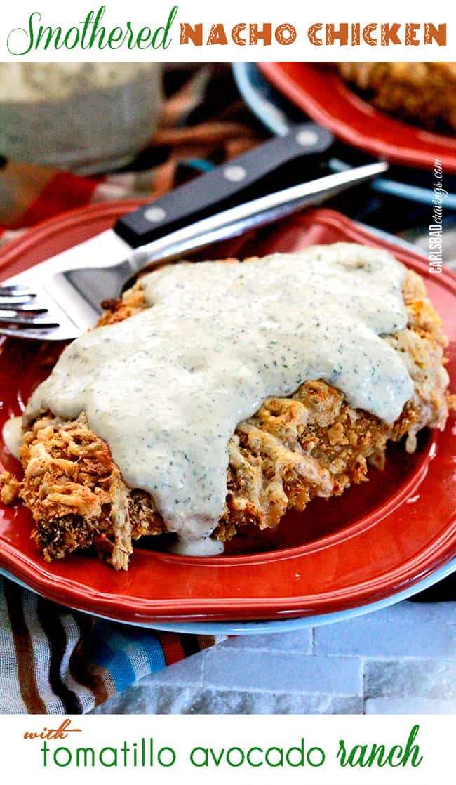 Recipe showing Nacho Chicken with cheese sauce on a red plate. 