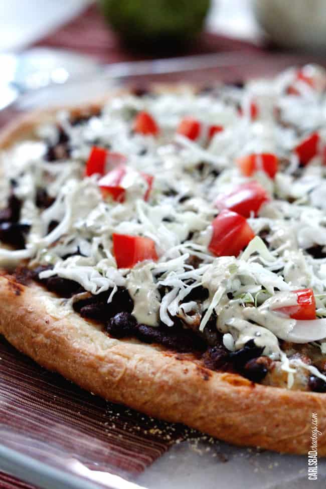 Sweet Pulled Pork Taco Pizza with Tomatillo Avocado Ranch