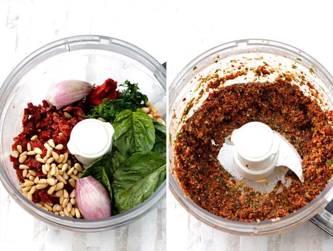 showing how to make  sun-dried tomato pesto by adding sun-dried tomatoes, basil, garlic, parsley and pine nuts to a food processor then processing until smooth