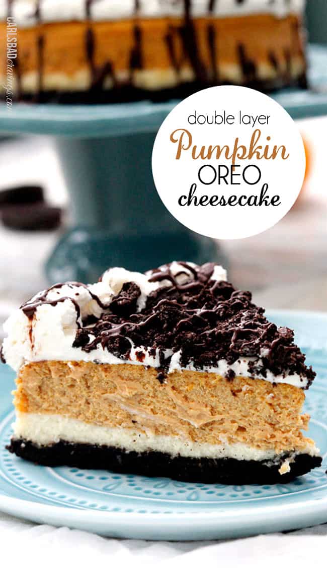 Double Layer Pumpkin Cheesecake on a blue plate.