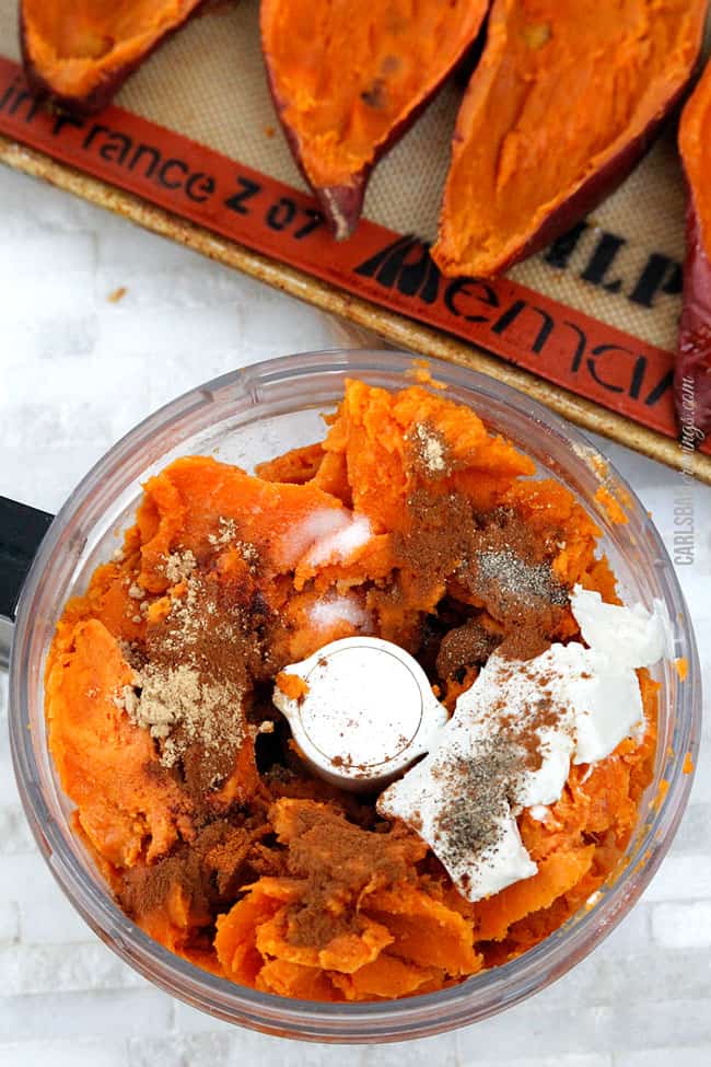 showing how to make twice baked sweet potatoes by adding filing to a food processor