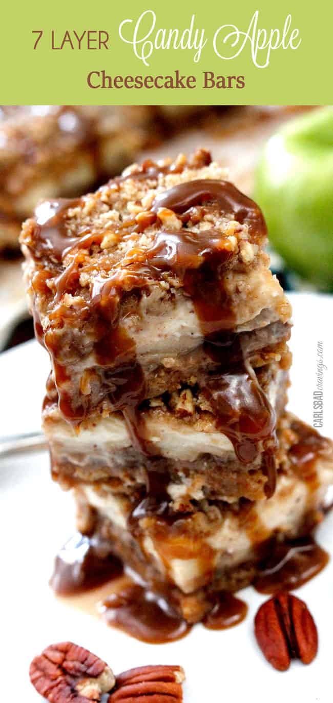 easy Caramel Apple Cheesecake Bars on a white serving plate.