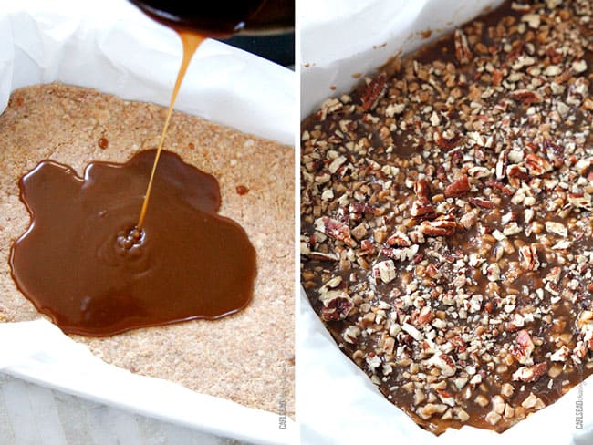 a collage showing how to make Caramel Apple Cheesecake by pouring Caramel Sauce spread over crust then adding pecans and toffee bits