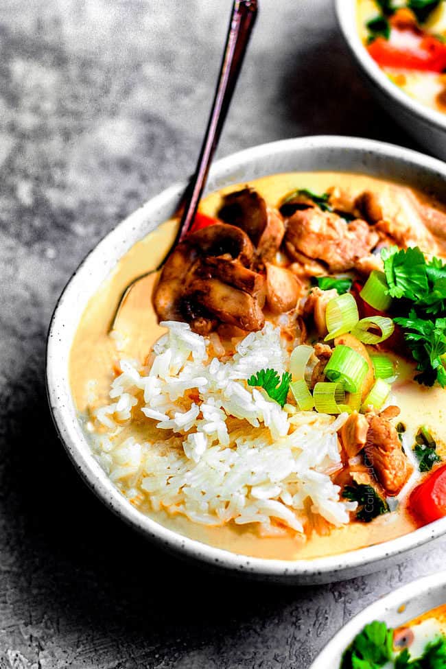 side view of authentic Tom Kha Gai recipe in a bowl with rice