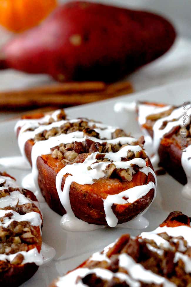 easy twice baked sweet potatoes lined on a white platter