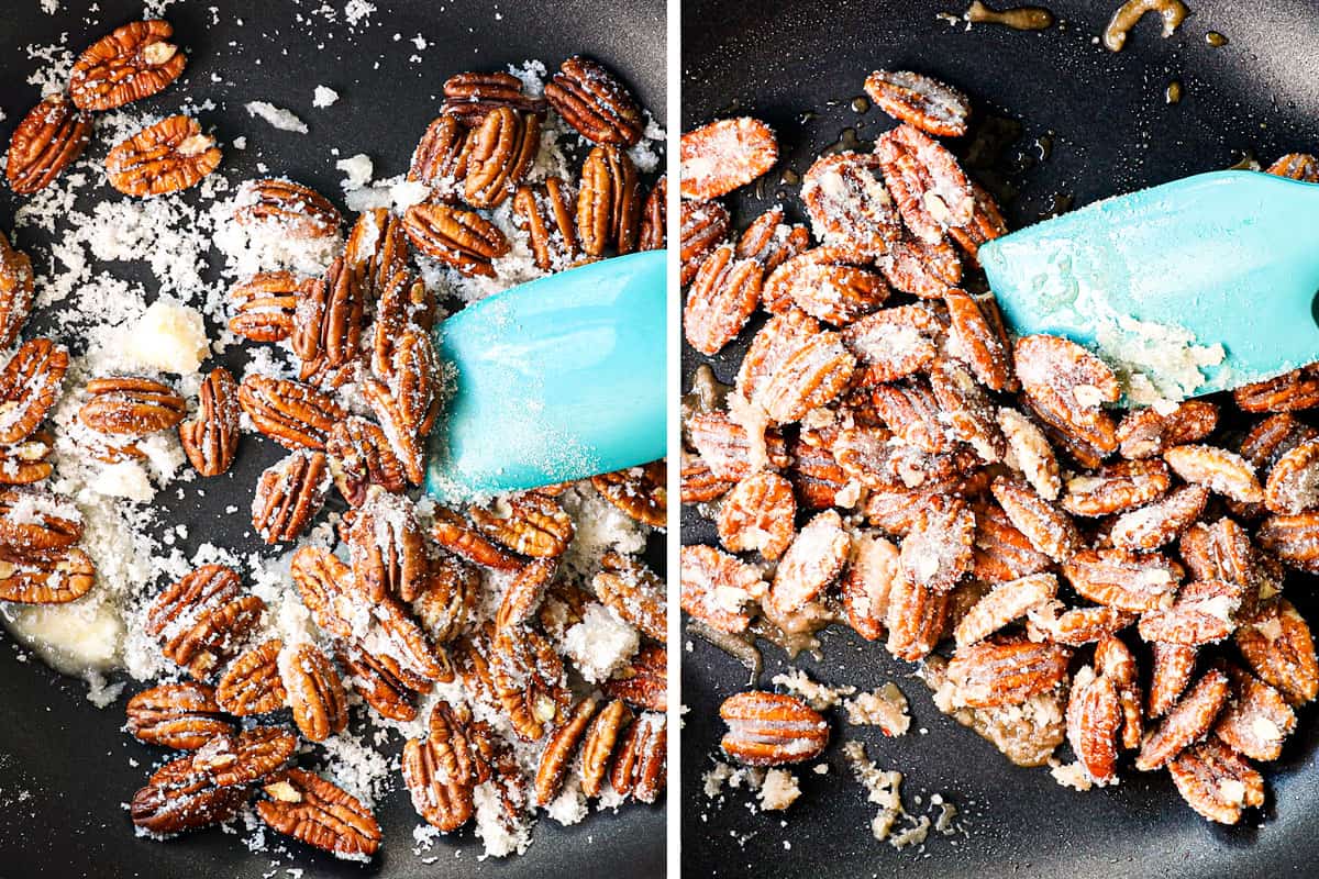 Showing how to make candied Nuts (caramelize nuts) in a pan with butter by mixing the butter, nuts and sugar in a pan.