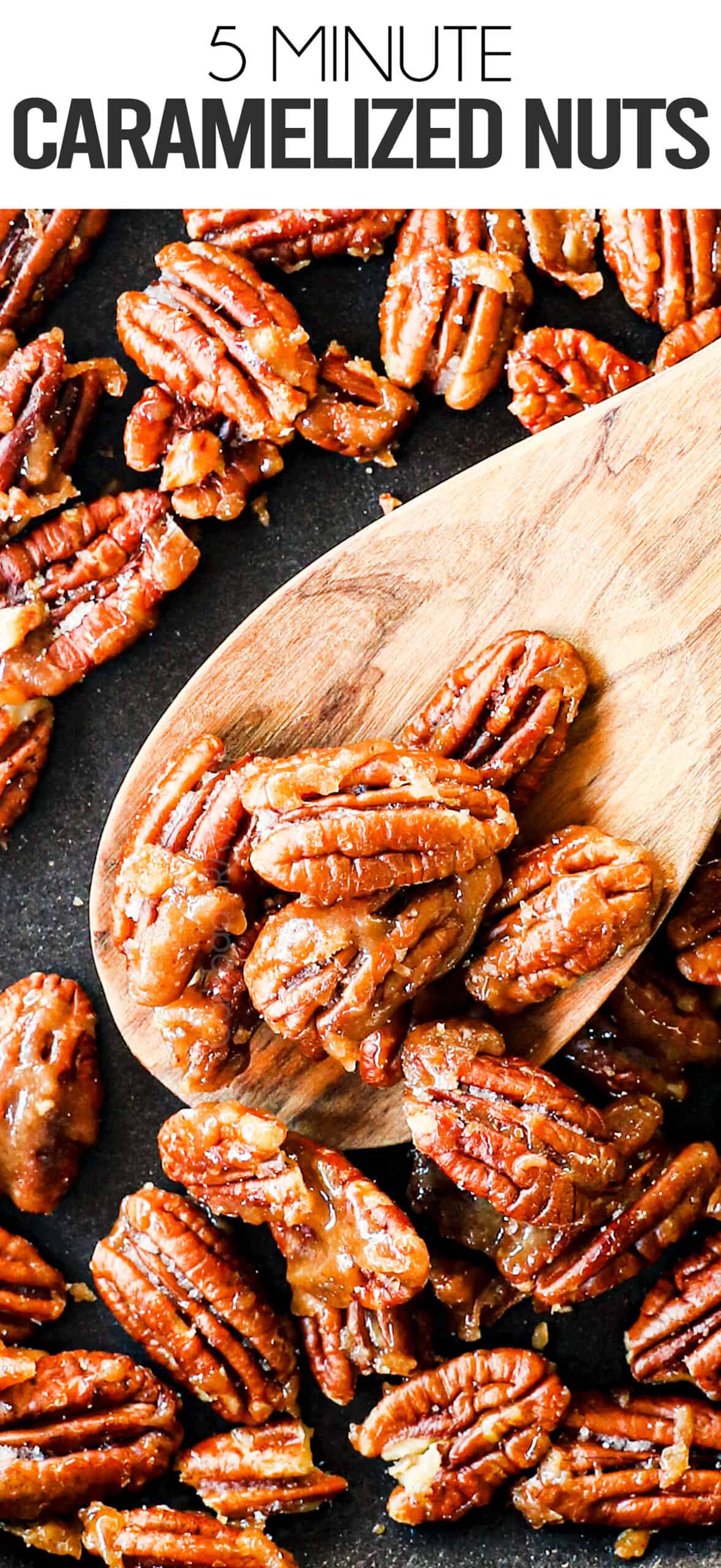 Caramelized nuts in a pan coated in butter and sugar