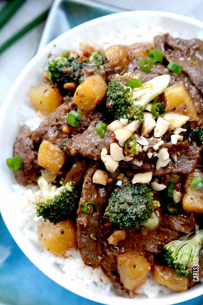 top view of quick and easy marinated Thai Beef stir fry