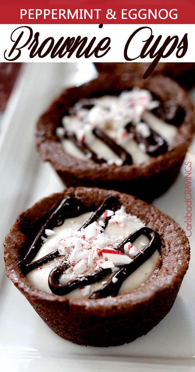 Two chocolate cookies of Peppermint Eggnog Brownie Cups.