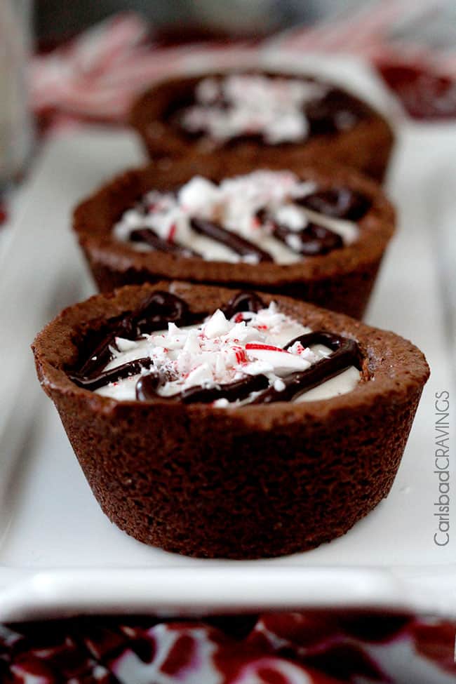 Front close up view of three Showing how to make Peppermint Eggnog Brownie Cups.