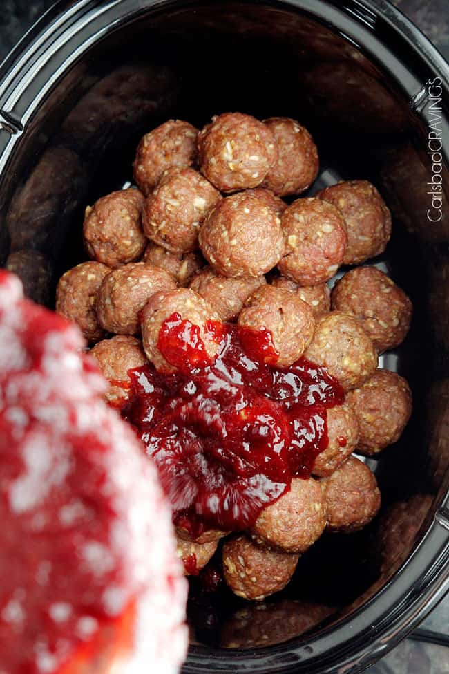 showing how to make cranberry meatballs by adding cranberry sauce to meatballs