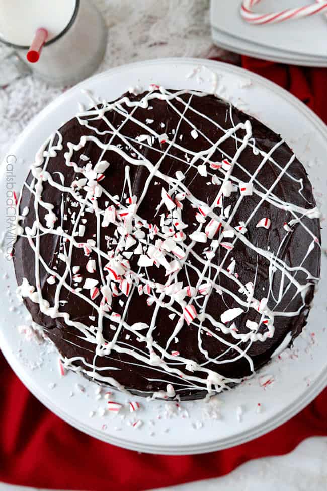 top view of dark Chocolate Peppermint Cake with peppermint frosting filling