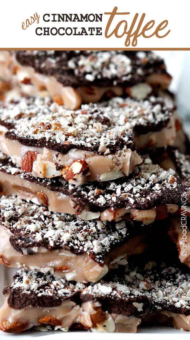 Toffee with Chocolate, Almonds and Pecans stacked up tall.