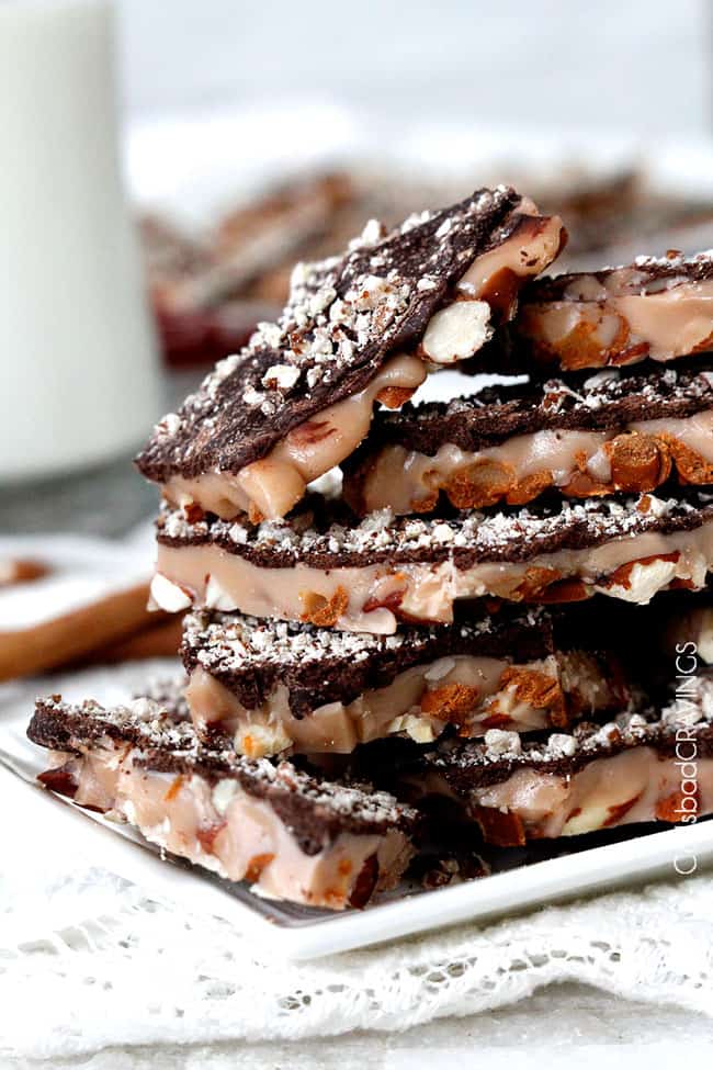Toffee with Chocolate, Almonds and Pecans on a white plate.