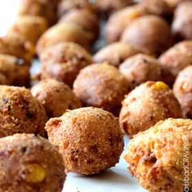 Hushpuppies recipe on a white table.