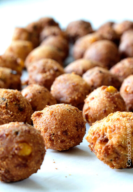 Hushpuppies recipe on a white table.