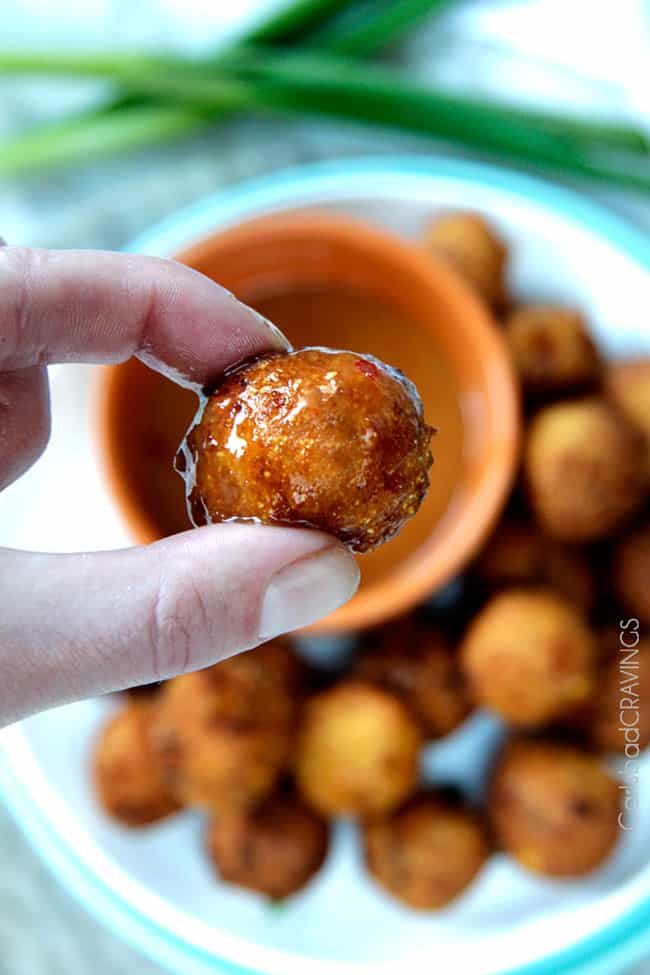 up close of easy hush puppy recipe dipped in chili dijon dip