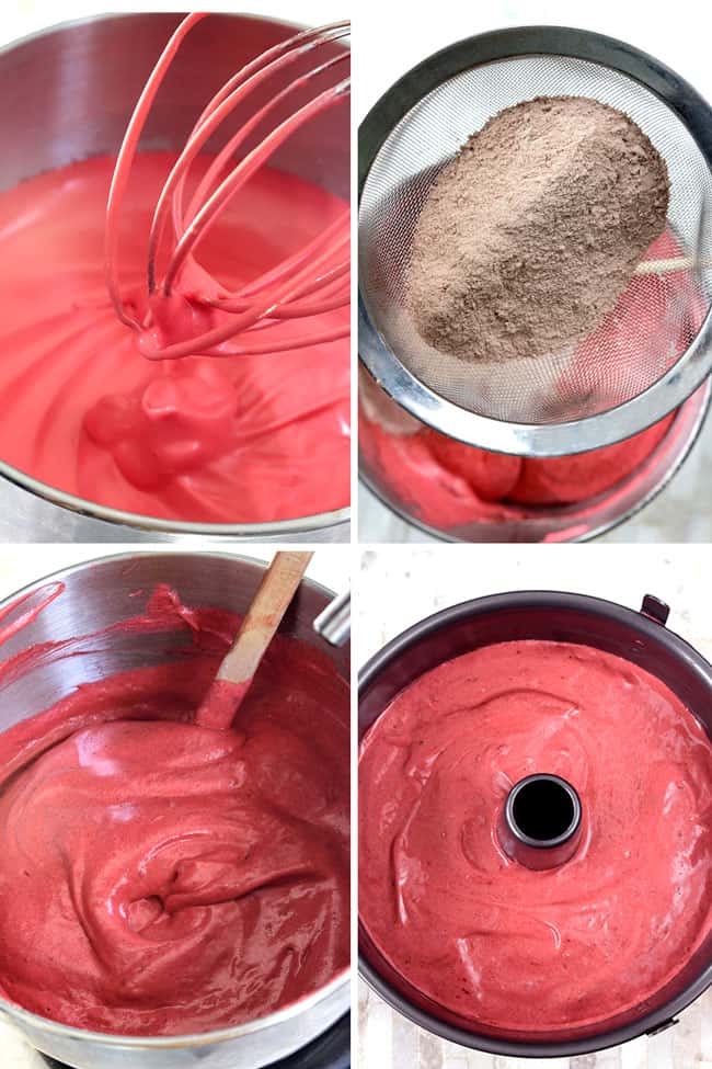 Showing how to make Red Velvet Angel Food Cake mixing in the bowl.
