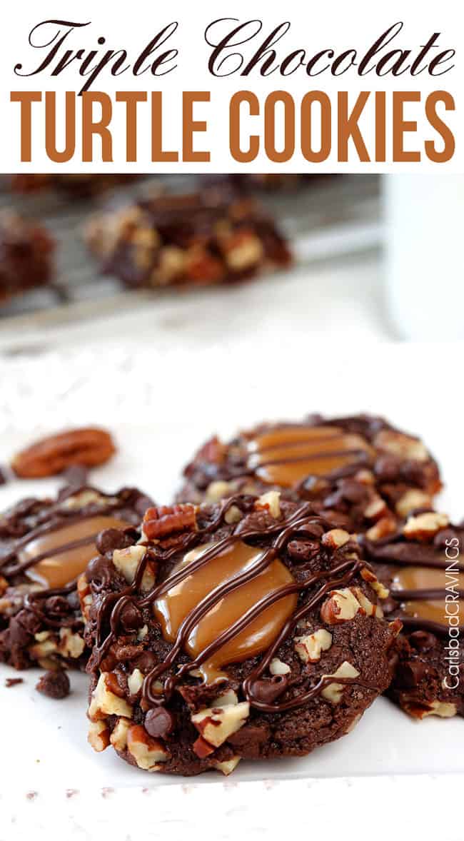 easy Turtle Cookies Recipe with caramel in the center drizzled with chocolate. 