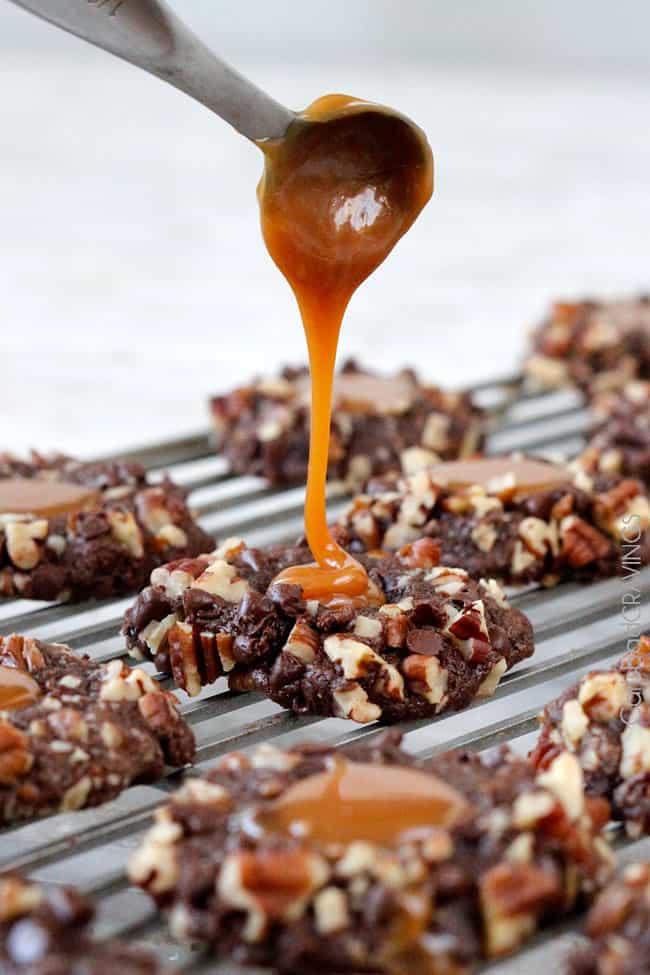 Drizzling caramel onto this Turtle Cookies Recipe.