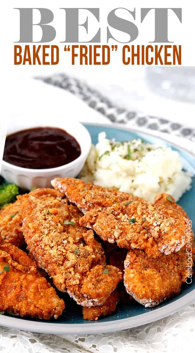 a plate of crispy Oven Fried Chicken tenders with barbecue sauce and mashed potatoes