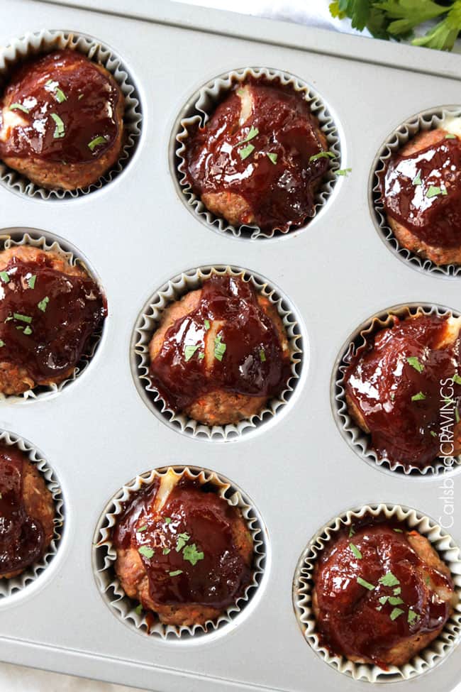 top view of a tray of easy Meatloaf Muffins with glaze
